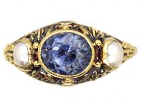 Arts & Crafts 18ct Gold Ring set with a Sapphire & Two Natural Pearls attributed to John Paul Cooper