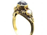 Arts & Crafts 18ct Gold Ring set with a Sapphire & Two Natural Pearls attributed to John Paul Cooper