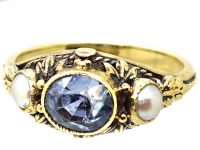 Arts & Crafts 18ct Gold Ring set with a Sapphire & Two Natural Pearls attributed to John Paul Cooper