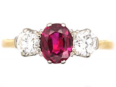 Edwardian 18ct Gold & Platinum, Ruby & Diamond Three Stone Ring