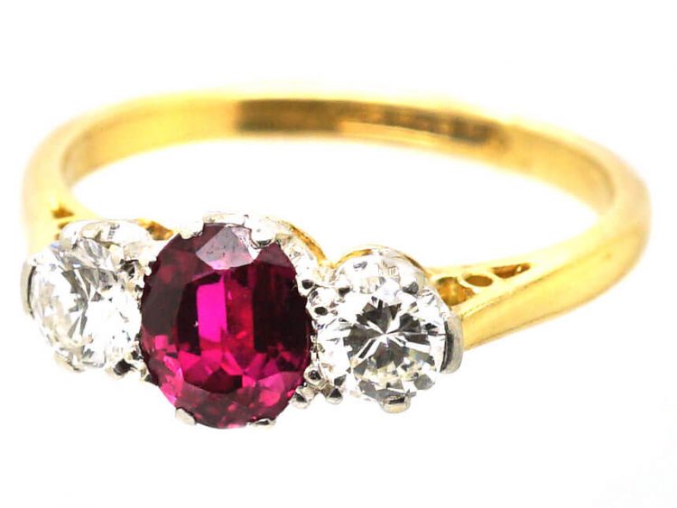 Edwardian 18ct Gold & Platinum, Ruby & Diamond Three Stone Ring