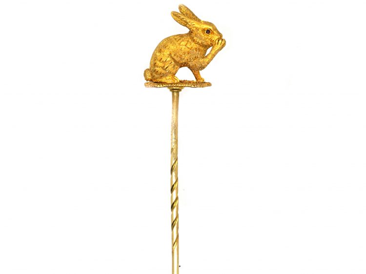 Edwardian 18ct Gold Tie Pin of a Rabbit with Ruby Eyes in Original Hunt & Roskell Case