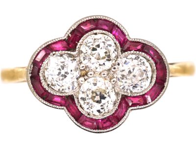 Early 20th Century 18ct Gold & Platinum, Calibre Ruby & Diamond Scallop Shape Ring