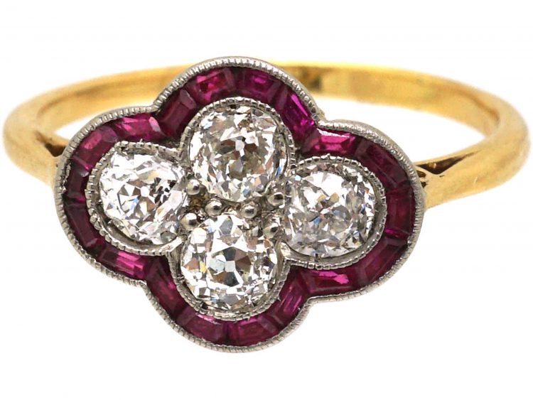 Early 20th Century 18ct Gold & Platinum, Calibre Ruby & Diamond Scallop Shape Ring