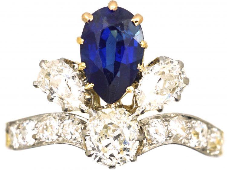 Early 20th Century French Import 18ct Gold & Platinum, Tiara Ring set with a Sapphire & Diamonds