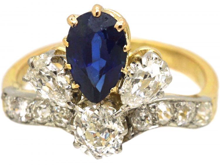 Early 20th Century French Import 18ct Gold & Platinum, Tiara Ring set with a Sapphire & Diamonds