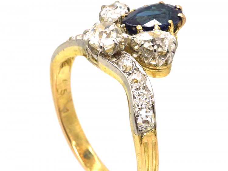 Early 20th Century French Import 18ct Gold & Platinum, Tiara Ring set with a Sapphire & Diamonds