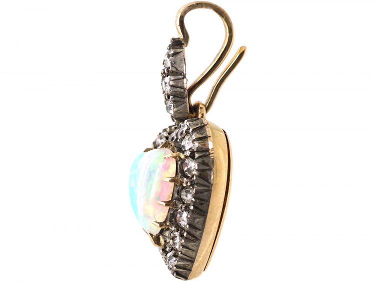 Edwardian 15ct Gold & Silver Opal & Diamond Heart Pendant with Diamond Set Bale