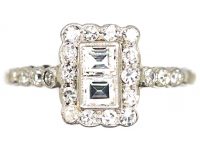 Art Deco 18ct White Gold & Platinum, Rectangular Ring set with Two Square Cut Diamonds & Round Diamonds