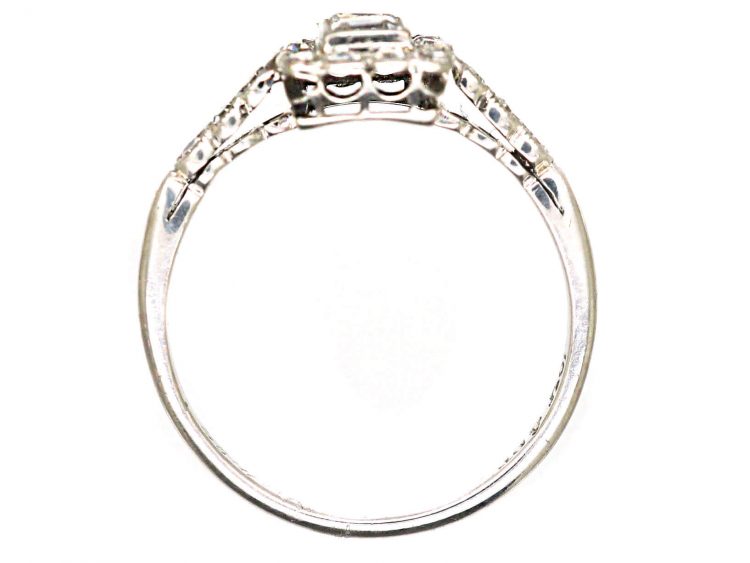 Art Deco 18ct White Gold & Platinum, Rectangular Ring set with Two Square Cut Diamonds & Round Diamonds