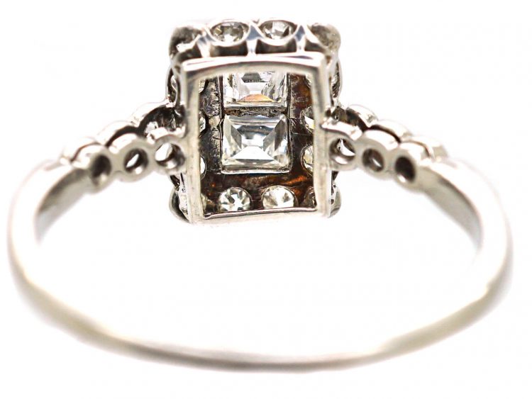 Art Deco 18ct White Gold & Platinum, Rectangular Ring set with Two Square Cut Diamonds & Round Diamonds