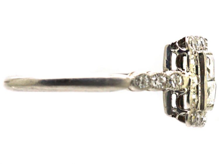 Art Deco 18ct White Gold & Platinum, Rectangular Ring set with Two Square Cut Diamonds & Round Diamonds