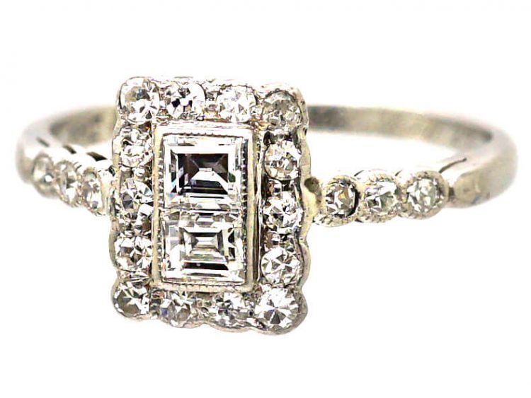 Art Deco 18ct White Gold & Platinum, Rectangular Ring set with Two Square Cut Diamonds & Round Diamonds