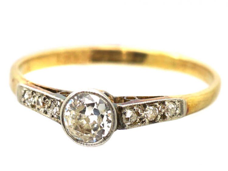 Edwardian 18ct Gold & Platinum, Diamond Solitaire Ring with Diamond Set Shoulders