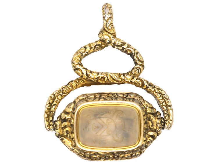 Georgian 15ct Gold Cased Triple Sided Swivel Seal with Chalcedony Intaglio of a Crest