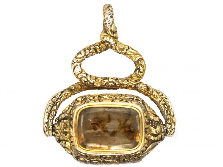 Georgian 15ct Gold Cased Triple Sided Swivel Seal with Chalcedony Intaglio of a Crest