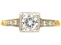 18ct Gold & Platinum, Solitaire Ring with Square set Diamond & Diamond Set Shoulders