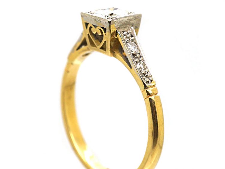 18ct Gold & Platinum, Solitaire Ring with Square set Diamond & Diamond Set Shoulders