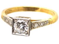 18ct Gold & Platinum, Solitaire Ring with Square set Diamond & Diamond Set Shoulders