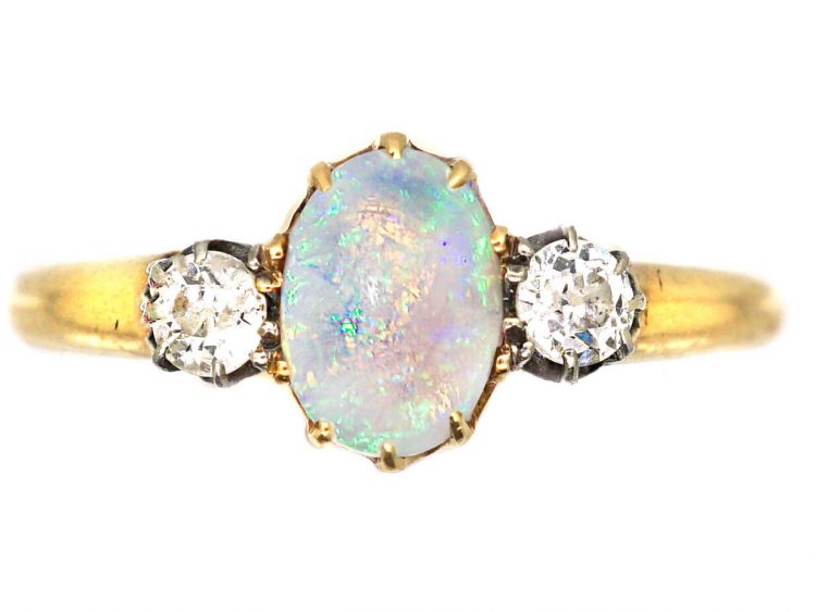 Edwardian 18ct Gold Three Stone Opal & Diamond Ring