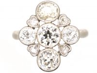 Edwardian Platinum Diamond Cluster Ring with Heart Shaped Motifs