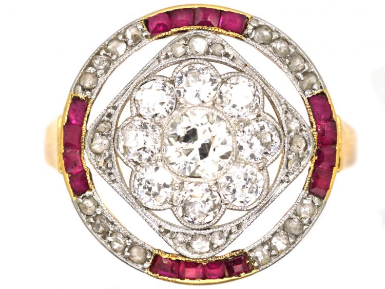 Early 20th Century 18ct Gold, Diamond & Ruby Daisy Cluster Ring within a Circle Of Rubies & Diamonds