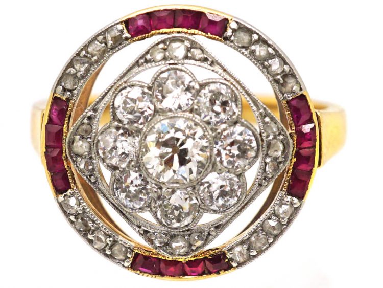 Early 20th Century 18ct Gold, Diamond & Ruby Daisy Cluster Ring within a Circle Of Rubies & Diamonds