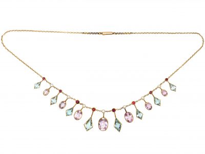 Edwardian 15ct Gold, Pink Tourmaline, Aquamarine, Ruby & Natural Pearl Harlequin Necklace in Original Case