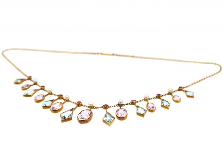 Edwardian 15ct Gold, Pink Tourmaline, Aquamarine, Ruby & Natural Pearl Harlequin Necklace in Original Case