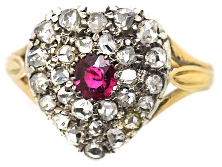 Edwardian 18ct Gold & Silver Heart Shaped Ring set with a Ruby & Rose Diamonds