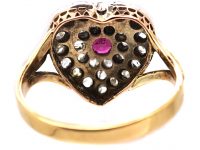 Edwardian 18ct Gold & Silver Heart Shaped Ring set with a Ruby & Rose Diamonds