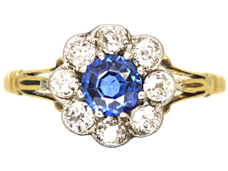 Edwardian 18ct Gold & Platinum, Sapphire & Diamond Cluster Ring