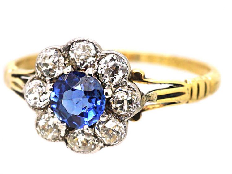 Edwardian 18ct Gold & Platinum, Sapphire & Diamond Cluster Ring