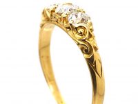 Victorian 18ct Gold, Three Stone Old Mine Cut Diamond Carved Half Hoop Ring