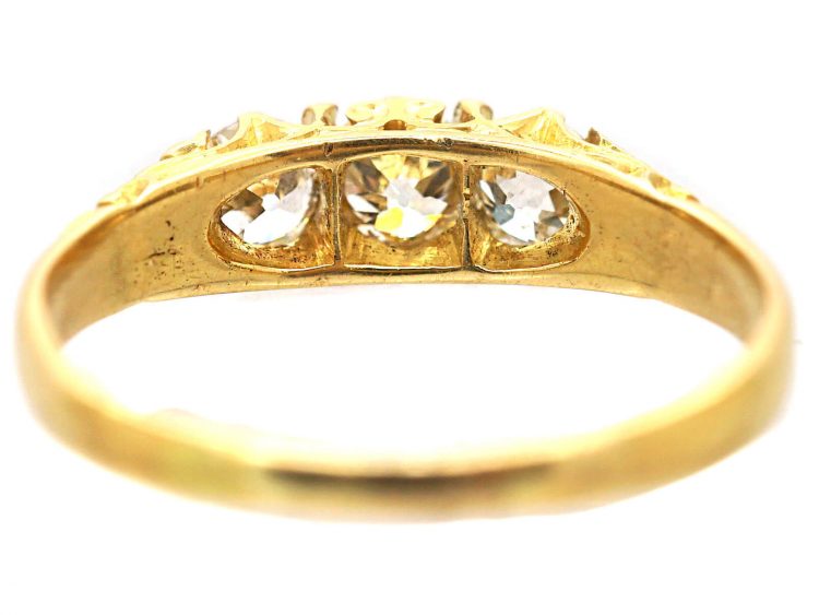 Victorian 18ct Gold, Three Stone Old Mine Cut Diamond Carved Half Hoop Ring