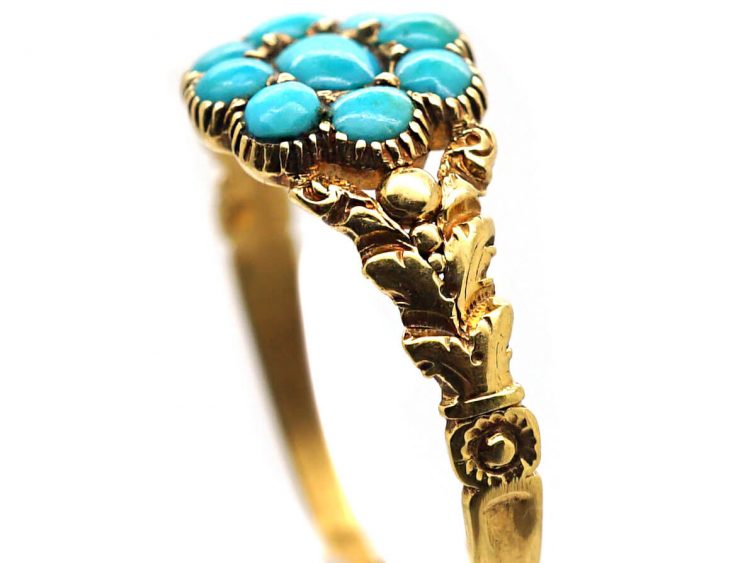 Georgian 15ct Gold Turquoise Forget me Not Cluster Ring with Ornate Shoulders