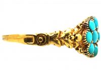 Georgian 15ct Gold Turquoise Forget me Not Cluster Ring with Ornate Shoulders