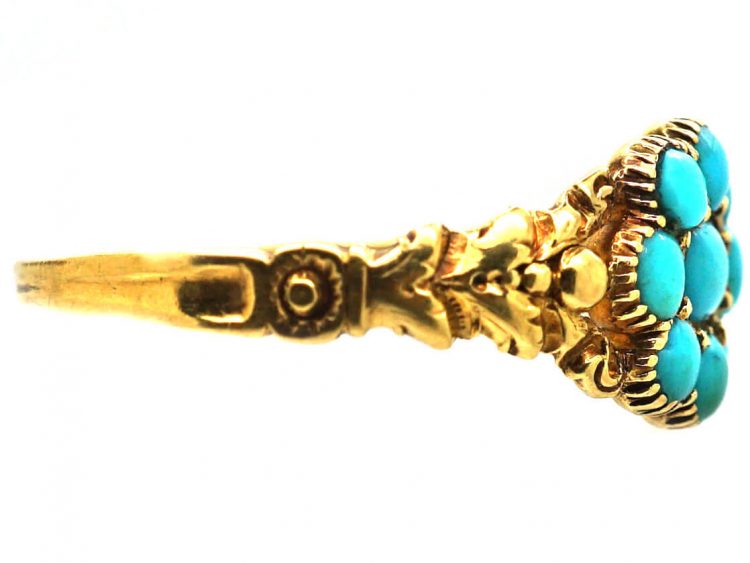 Georgian 15ct Gold Turquoise Forget me Not Cluster Ring with Ornate Shoulders