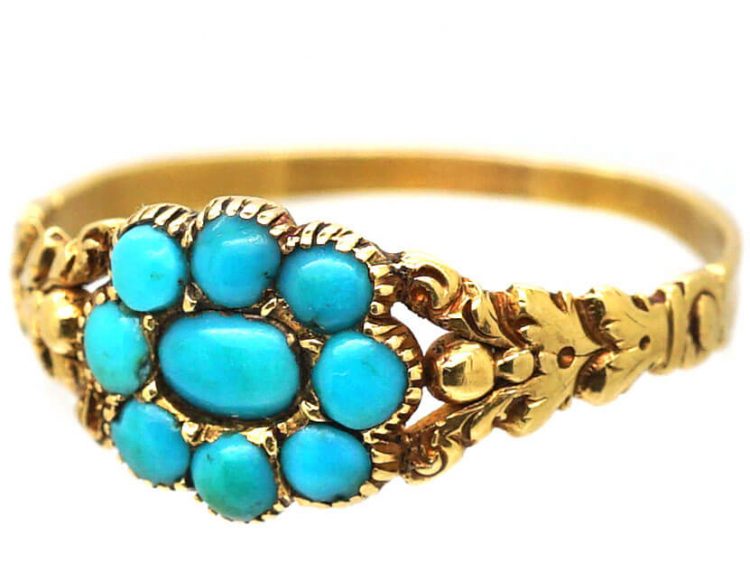 Georgian 15ct Gold Turquoise Forget me Not Cluster Ring with Ornate Shoulders