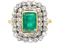 Early 20th Century 18ct Gold & Platinum, Emerald & Diamond Rectangular Cluster Ring