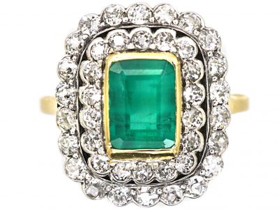 Early 20th Century 18ct Gold & Platinum, Emerald & Diamond Rectangular Cluster Ring