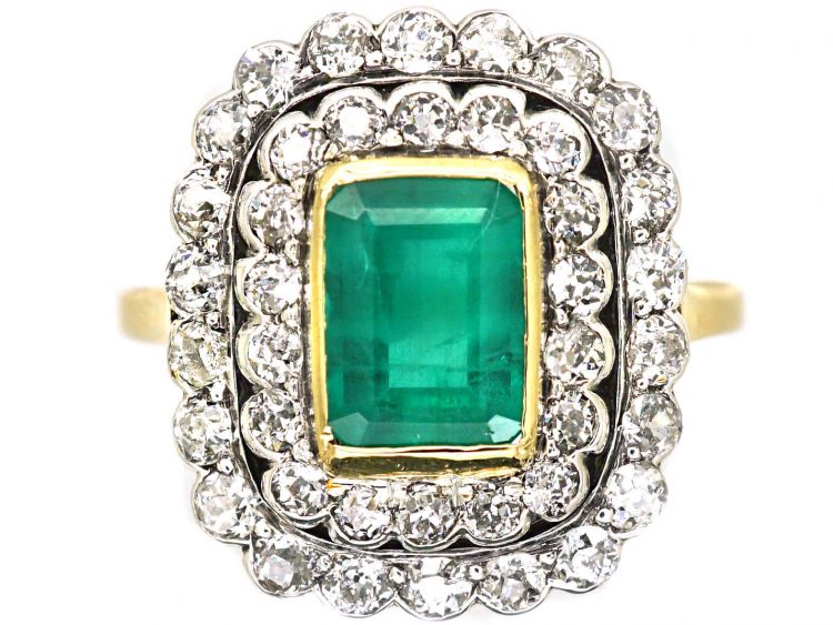 Early 20th Century 18ct Gold & Platinum, Emerald & Diamond Rectangular Cluster Ring