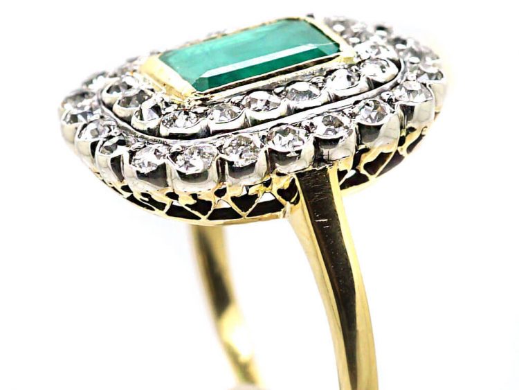 Early 20th Century 18ct Gold & Platinum, Emerald & Diamond Rectangular Cluster Ring