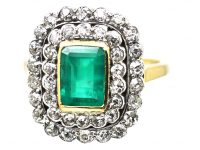 Early 20th Century 18ct Gold & Platinum, Emerald & Diamond Rectangular Cluster Ring