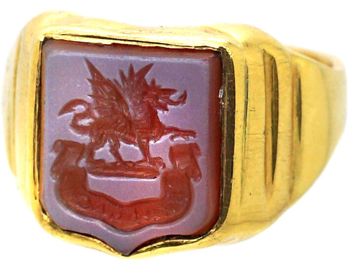 Victorian 18ct Gold Signet Ring with Carnelian Intaglio with a Welsh Dragon