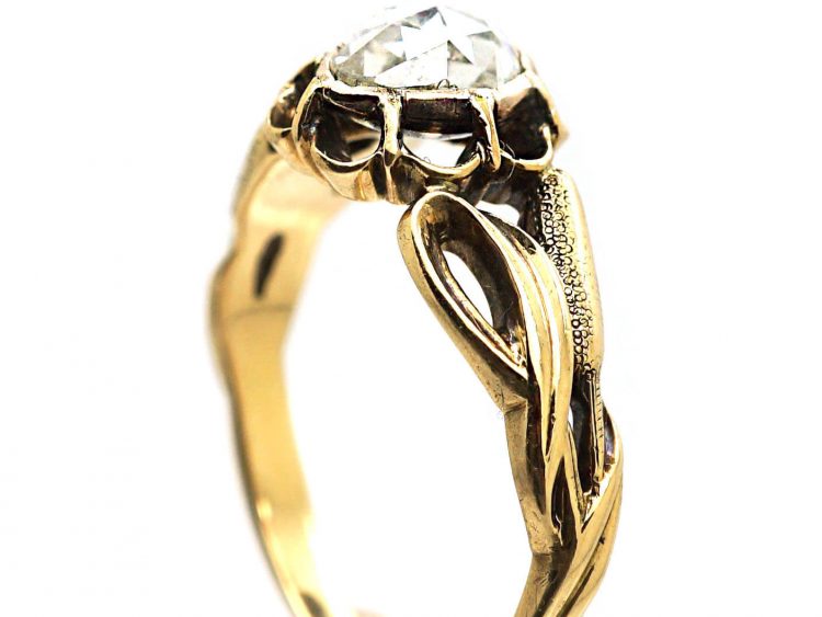 Art Nouveau 18ct Gold & Rose Diamond Ring with Bulrush Detail on the Shoulders