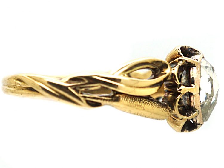 Art Nouveau 18ct Gold & Rose Diamond Ring with Bulrush Detail on the Shoulders