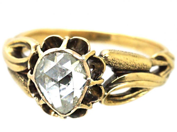 Art Nouveau 18ct Gold & Rose Diamond Ring with Bulrush Detail on the Shoulders