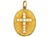 Victorian 18ct Gold Oval Locket with Natural Split Pearl set Cross