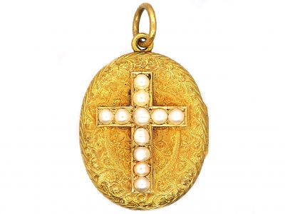 Victorian 18ct Gold Oval Locket with Natural Split Pearl set Cross